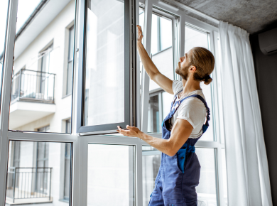 Ein Handwerker baut ein Fenster ein